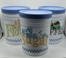 Vintage Plastic Canister Set Flour Coffee Sugar Blue Lids picture