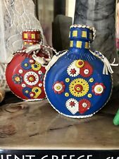 LOT Vintage Folk Art Blue Red Floral Leather Covered Gift Wedding Beaded Flasks picture