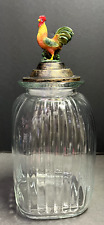 Vtg Clear Ribbed Large Canister Jar Ceramic Rooster on Lid Farmhouse Country 15