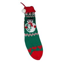 vintage 1980s knit christmas stocking snowman red and green w/pom poms picture