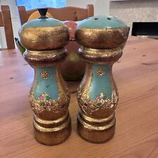 Vtg Italian Salt & Pepper Shakers Blue Gold Florentine Wood Made in Italy picture