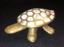 VINTAGE Brass & Mother of Pearl Inlay Shell Turtle Tortoise Trinket Jewelry Box picture