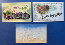 3 Mother's & Father's Day Antique Postcards. 2 EMB w Gold. 1 Air Brushed. picture