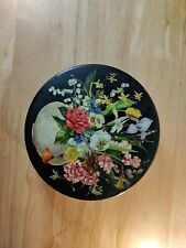 Vintage Black Metal Round Cookie, Lithograph Tin Container Flowers 6