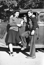 Vintage 1940s Photo Negative of Teenagers Girls Boys in Car Sticking Tongue Out picture