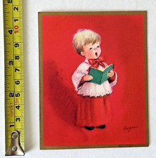 Vintage M. Cooper 1970s Rust Craft Christmas Card Child Caroler Gold Embossed picture