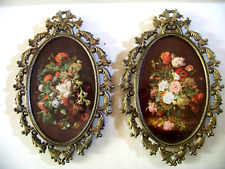 Vtg Pair Italian Floral in Ornate Brass Frames-Free Shipping picture