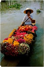 Flower Woman in Canoe Floating Market Ayudthya Thailand 1950s Chrome Postcard picture