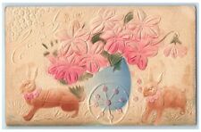 1911 Easter Greeting Rabbit Pulling Hatched Egg Flowers Airbrushed Postcard picture