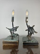 Spi San Pacific International Sea Turtle and Dolphin Bronze Sculpture Lamp Pair picture