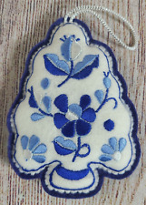 Vintage Handmade Felt Christmas Tree Ornament Embroidered Blue White 4.5