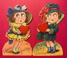 2 Google Eyed Gals w large HATS Mechanical die cut VALENTINE CARD Germany picture