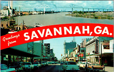 Savannah Georgia GA Broughton Street Old Cars Red Banner Postcard picture