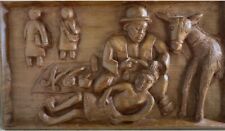 Hand Carved 14X8 Village Medicine Folk Art Vintage Relief Panel Wood Plaque picture