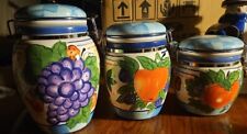 Set Of 3 Capriware Michael's Orchard Hand Painted Ceramic Jars With Latching Lid picture