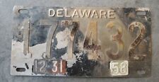 1958 Delaware Stainless Steel Riveted License Plate 177432 12-31-58 Tabs picture