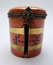 Limoges Peint Main Hand Painted Hinged Porcelain Stamp Box Jar Fleur-de-lis  picture