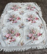Vintage 44x60” Floral Tablecloth With Fringe Pink Flowers White Fringe picture