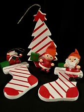 3 Vintage Wooden Christmas Ornaments Santa Elf Tree Stocking - 1 Needs Repair picture