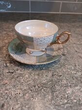 3 Footed Teacup and Saucer Vintage Japan Teal Green Gold Opalescent Lusterware picture