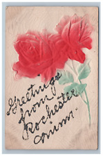 Airbrushed Greetings From Rochester Minnesota Rose Flower Postcard Embossed Mica picture