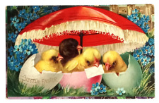 Joyful Easter Chicks Under Red Umbrella Embossed Gel Postcard c1900s Germany picture