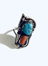 Ring Vintage Native American Sterling Silver Turquoise Coral Ring Signed picture