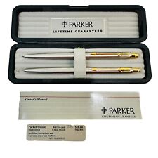 Parker Classic Ballpoint Pen & Mechanical Pencil Set Stainless Gold Trim VTG 80s picture