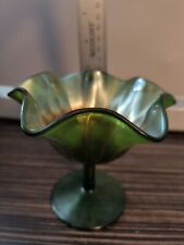 Vintage Fenton Green Carnival Glass Ruffled Compote - Gorgeous Color. picture