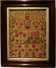 EARLY 19TH CENTURY RED HOUSE, MOTIF & VERSE SAMPLER BY MARIAN HEMINGWAY - 1823 picture