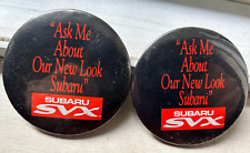 2 VINTAGE SUBARU SVX BUTTONS''ASK ME ABOUT OUR NEW LOOK SUBARU'' picture