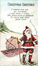 C 1915 PC SANTA CLAUS ON SNOWSHOES BRINGS CHRISTMAS GREETINGS BAG OF GIFTS SLED picture