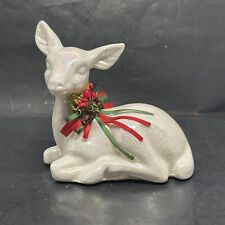 Vintage Enesco White Iridescent Christmas Deer Figurine with Decorative Bow picture