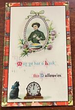 ATQ Halloween Postcard Tartan Border Women In Mirror Black Cat Midnight Clock picture
