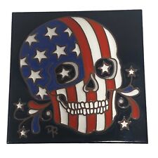Hand n Hand Designs Day of the Dead American Flag Skull Tile Trivet  6x6  USA picture