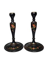  Antique English Handpainted Black Lacquer Wood Candlesticks~Set of 2 picture