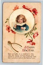 New Year's Greeting, Ellen Clapsaddle Blue Dress Girl Wish Bone Vintage Postcard picture