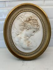 Pair of vintage goldstone oval framed Victorian Cameo ladies ceramic picture