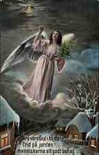 Lycklig Jul Christmas Angel Flies Above Village c1910 Vintage Postcard picture