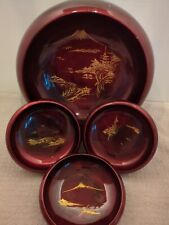 Beautiful 4 Vintage Lacquered Red Japanese Wooden Bowls with Scenes Mt Fuji picture