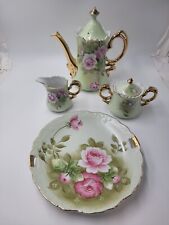 Vintage Lefton Teapot w Lid Sugar Bowl w Lid Creamer Set Heritage Rose Green Pnk picture