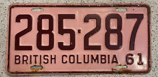 1961 British Columbia Vintage License Plate Burgundy on Pink #285-287 NICE picture