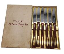 Vintage MCM Stanley Deluxe Steak Knife Set Faux Woodgrain Handles Original Box picture