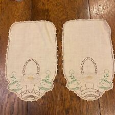 Pair Vintage 1930s Embroidered Linen Chair Arm Covers Lotus Flower Unfinished picture
