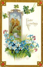 vintage postcard - Easter Greetings flowers clovers and countryside scene 1910 picture