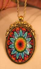 Lovely Leaf Top Goldtone Colorful Starburst Sunflower Cameo Pendant Necklace picture