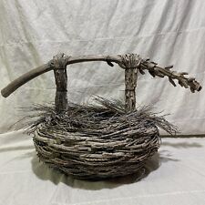 Large RARE Vintage Organic Modern Twig Nest Woven Basket Dried Palm Tree Handle picture