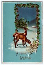 1912 Christmas Holly Deer Winter Embossed Chicago Illinois IL Antique Postcard picture