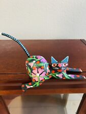 Alebrije Shelf Cat Mexico Wood Carving Hand Painted Vibrant Colors 9 Inches picture