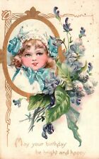 Vintage Postcard May Your Birthday Be Bright &Happy Pretty Girl In Mirror Flower picture